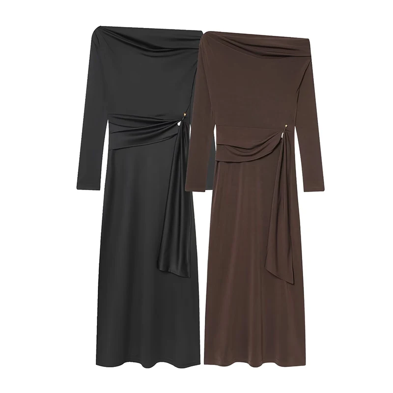 Winter nieuwe damesmode uit 2022, kraag met één lijn en losse manchetten aan de zoom maxi-jurk - elegant bruin.