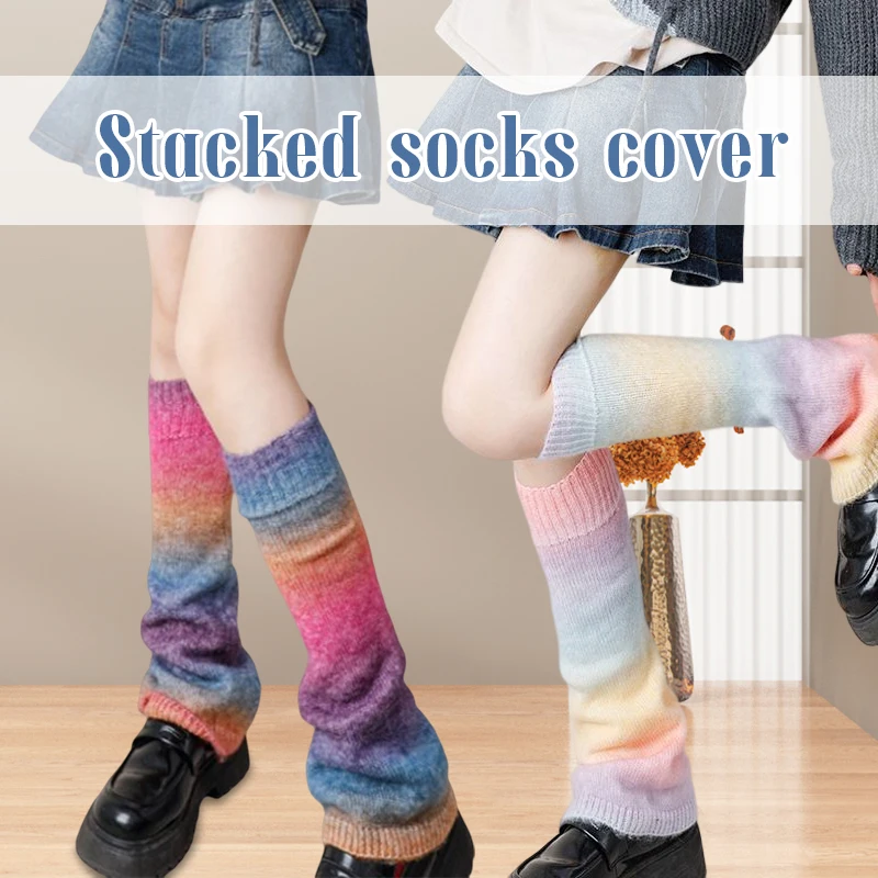 

Japanese Elastic Knit Leg Warmers Socks JK High Boot Stockings Women Winter Retro Leg Sleeve Gradient Rainbow Girls Foot Cover