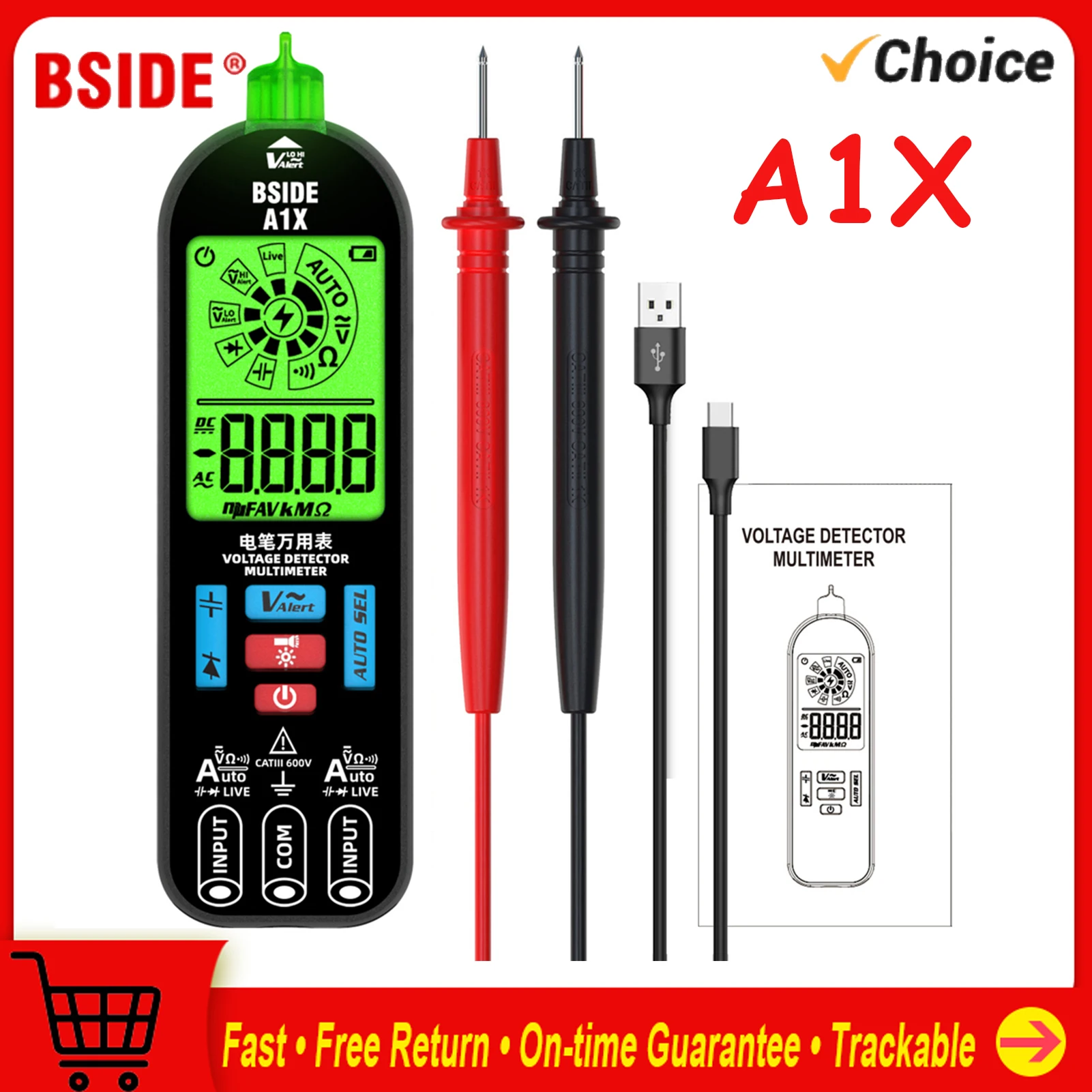 BSIDE A1X NEW Handheld Digital Multimeter Electric Test Pen Professional Voltage Resistance Diode Tester Live Wire Flashlight