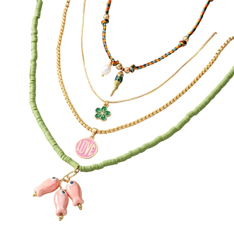 CORD Pack of 4 Layering Bohemian Necklace Set for Women Ceramic Fish Charm and Colorful Beads Party Jewelry