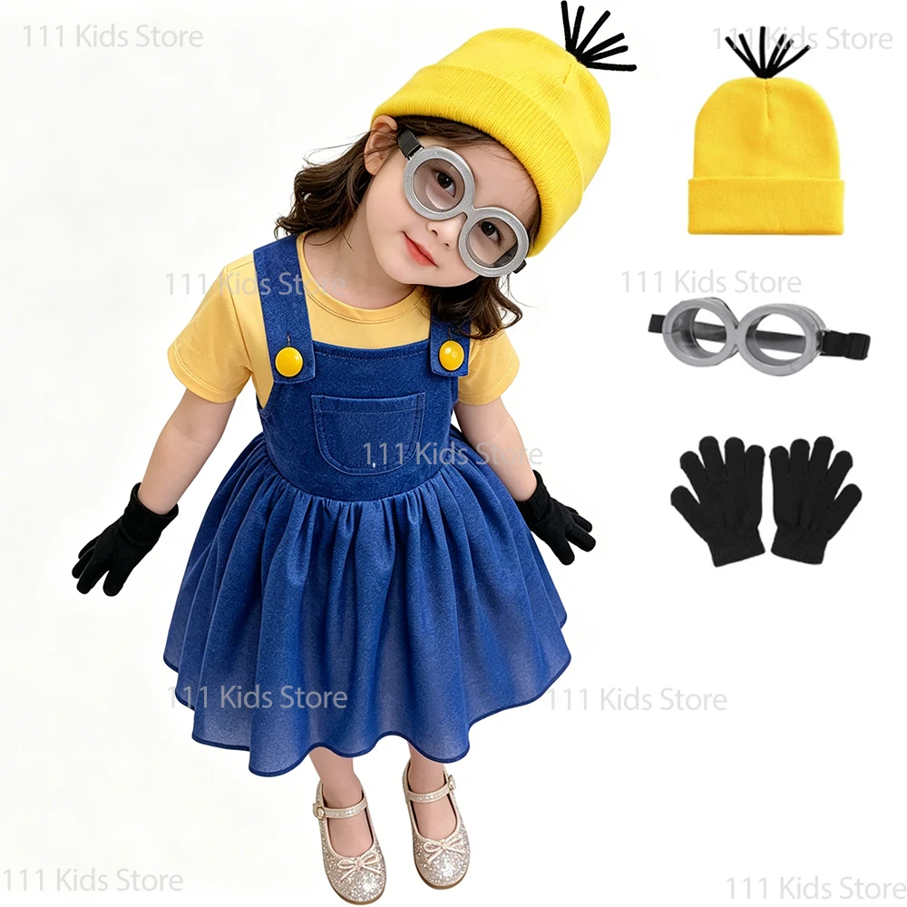 Kurzarm-T-Shirt + Hosenträgerkleid, 2-teiliges Sommerset für Kinder, gelbes Cartoon-Charakter-Cosplay-Kostüm, Geburtstagsgeschenke für Mädchen