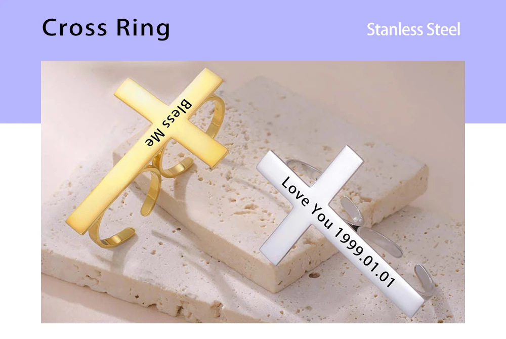 Kreuz personalisierter Namensfingerring individuelles Geschenk für Frau Männer Goldfarbe Edelstahl Jesus christliches Amulett Talisman Schmuck – Detail 10