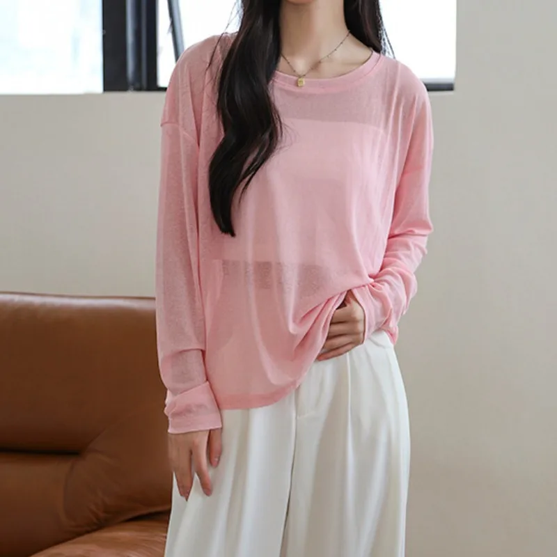 

T-Shirts Women See-through Korean Fashion Loose Fit Cozy Thin Sun-proof Summer All-match Solid Trendy Tops Students Daily Casual