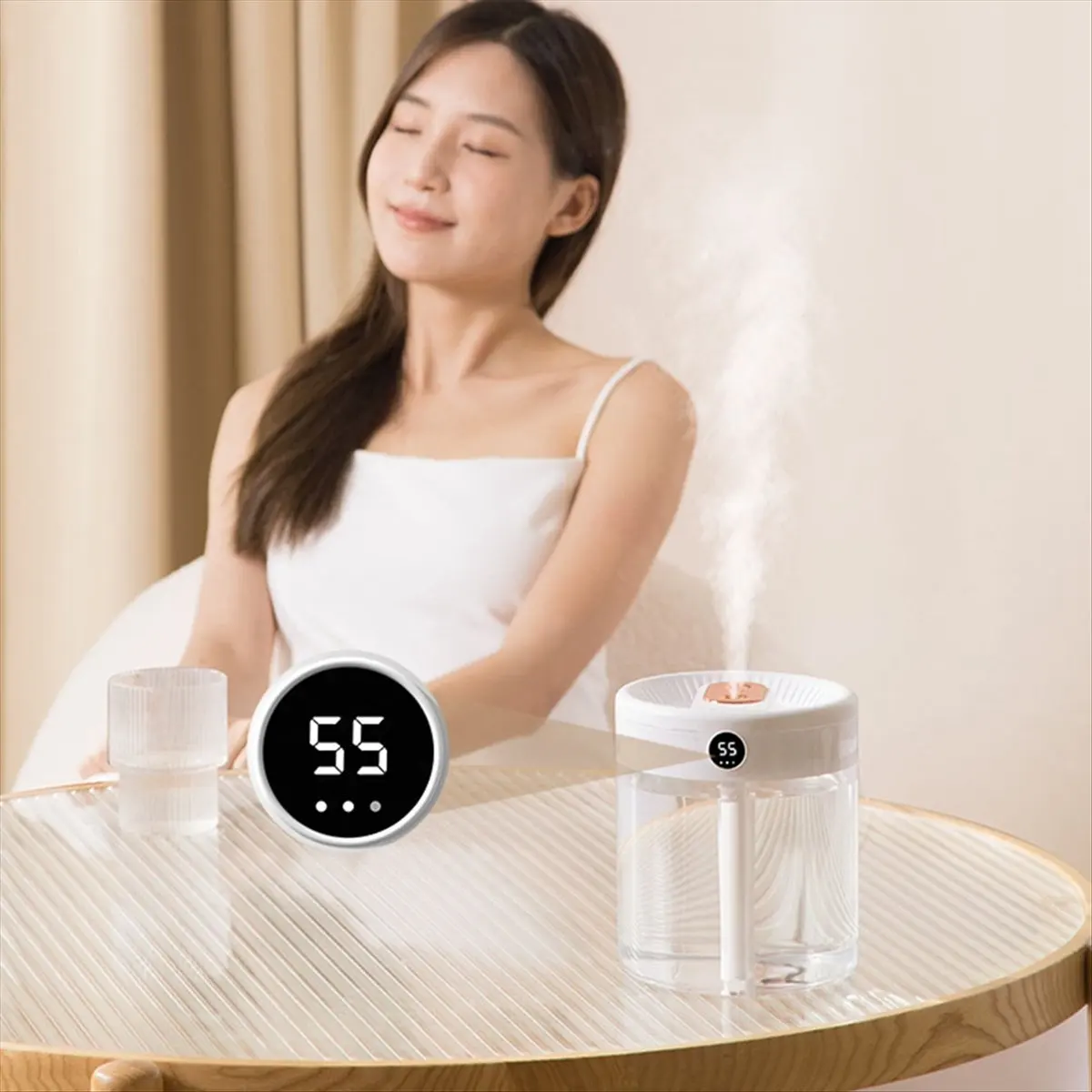 

Увлажнитель воздуха H2O, емкость 2 л, двойная насадка с ЖК-дисплеем влажности, диффузор эфирного масла, портативный USB, белый