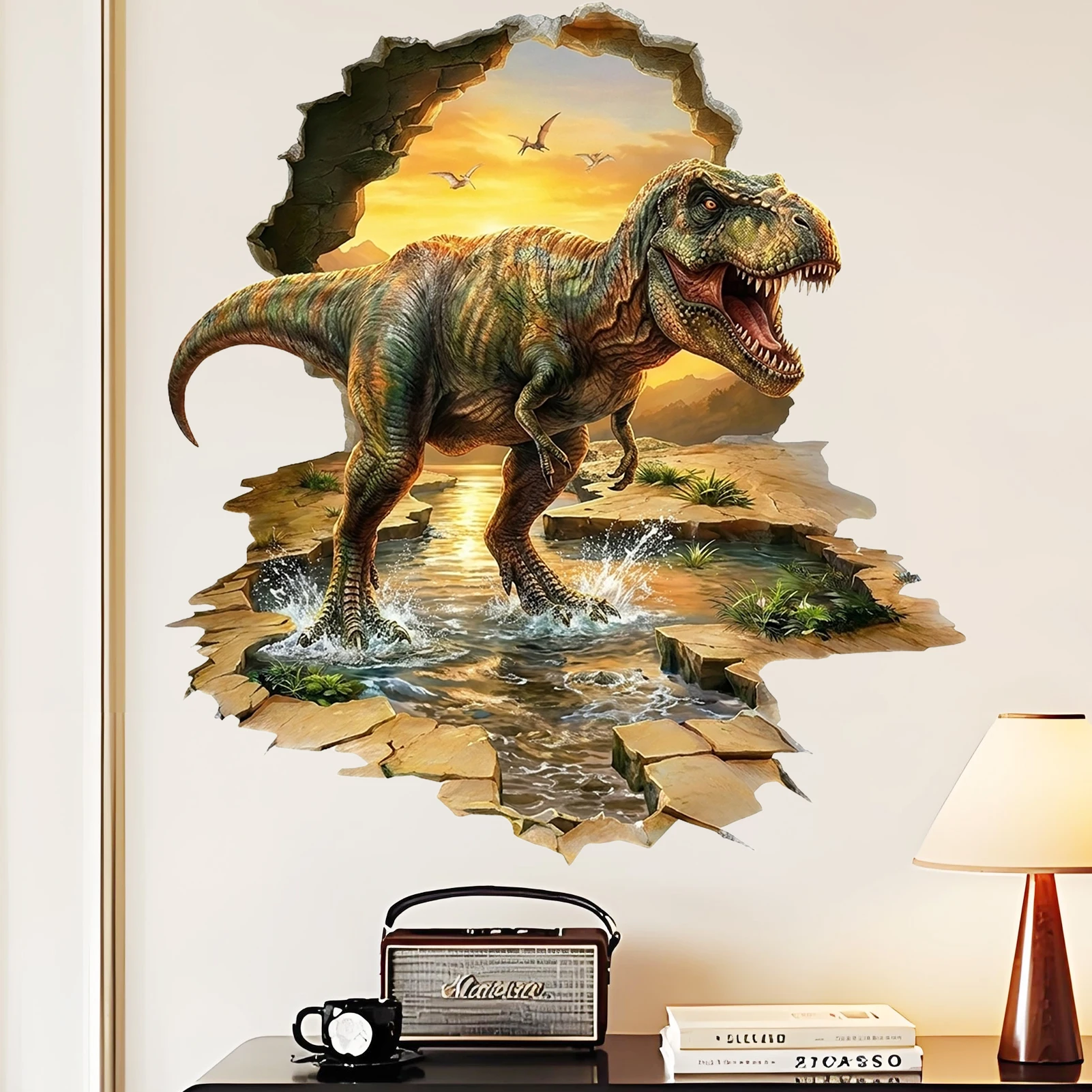 T-Rex Breakthrough Wall Decal, Realistic Dinosaur Through The Wall Vinyl Sticker for Home Decor