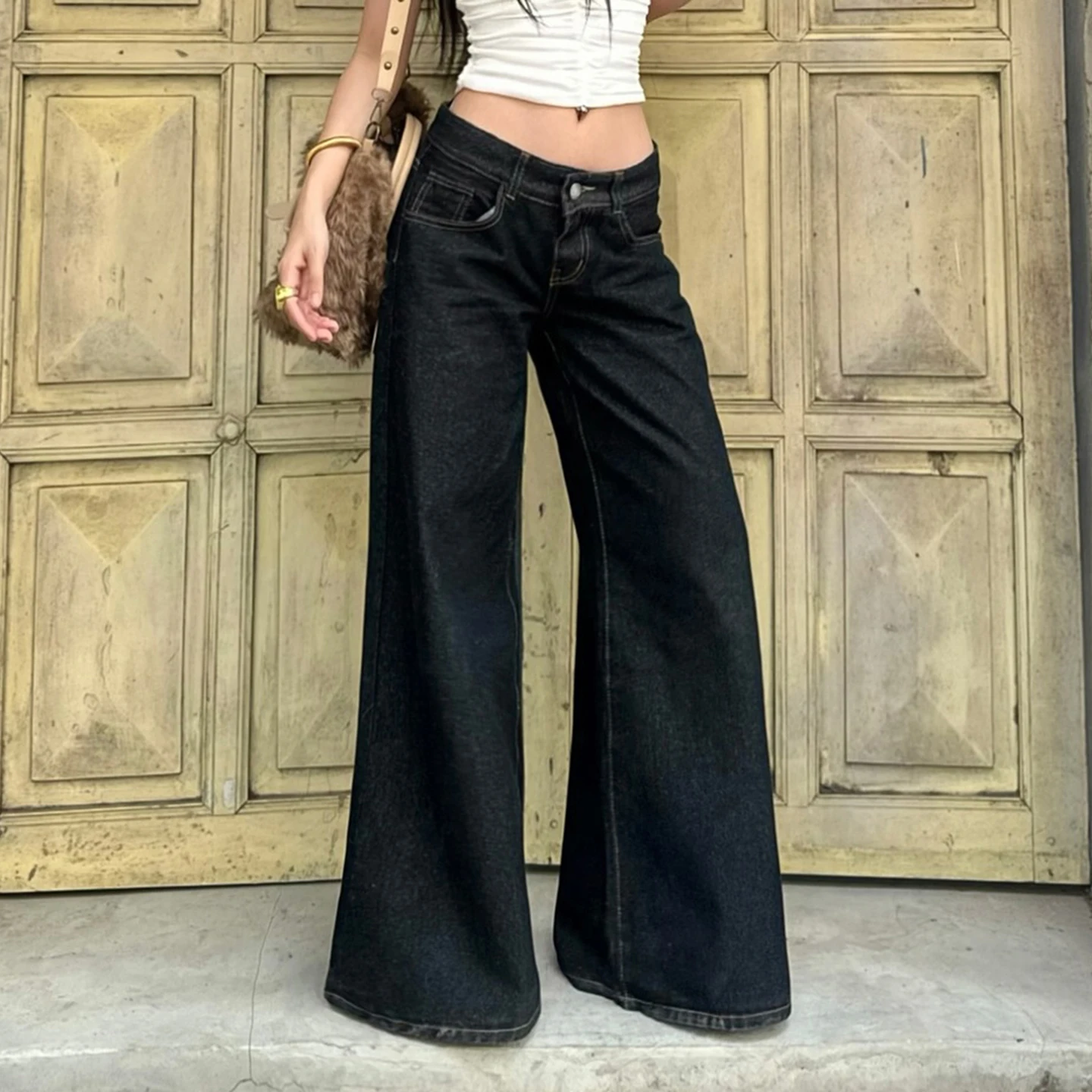 SUCHCUTE Retro Black Loose Wide Leg Denim Jeans Women's All-Match Low Waist Trousers Y2K Streetwear Denim Trousers Casual Outfit