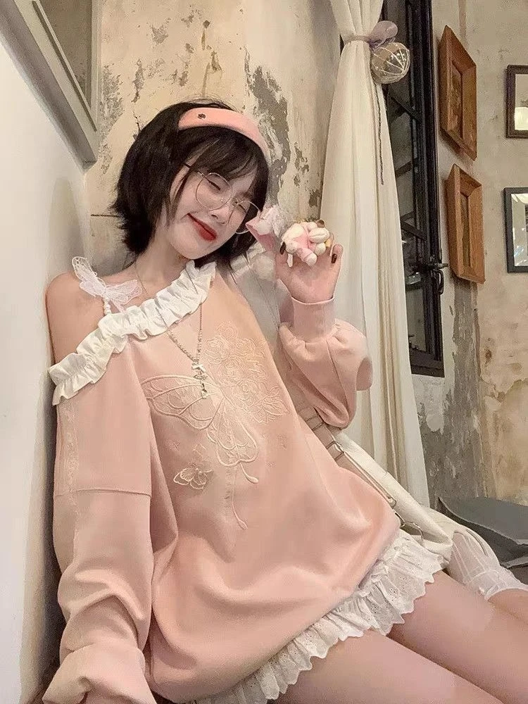 Off Shoulder Sweatshirt Ruffle Collar Lace Loose Soft Daily Wear Sweater Pullover Outfit 2025 Winter Fashion Female Fashion New view 3