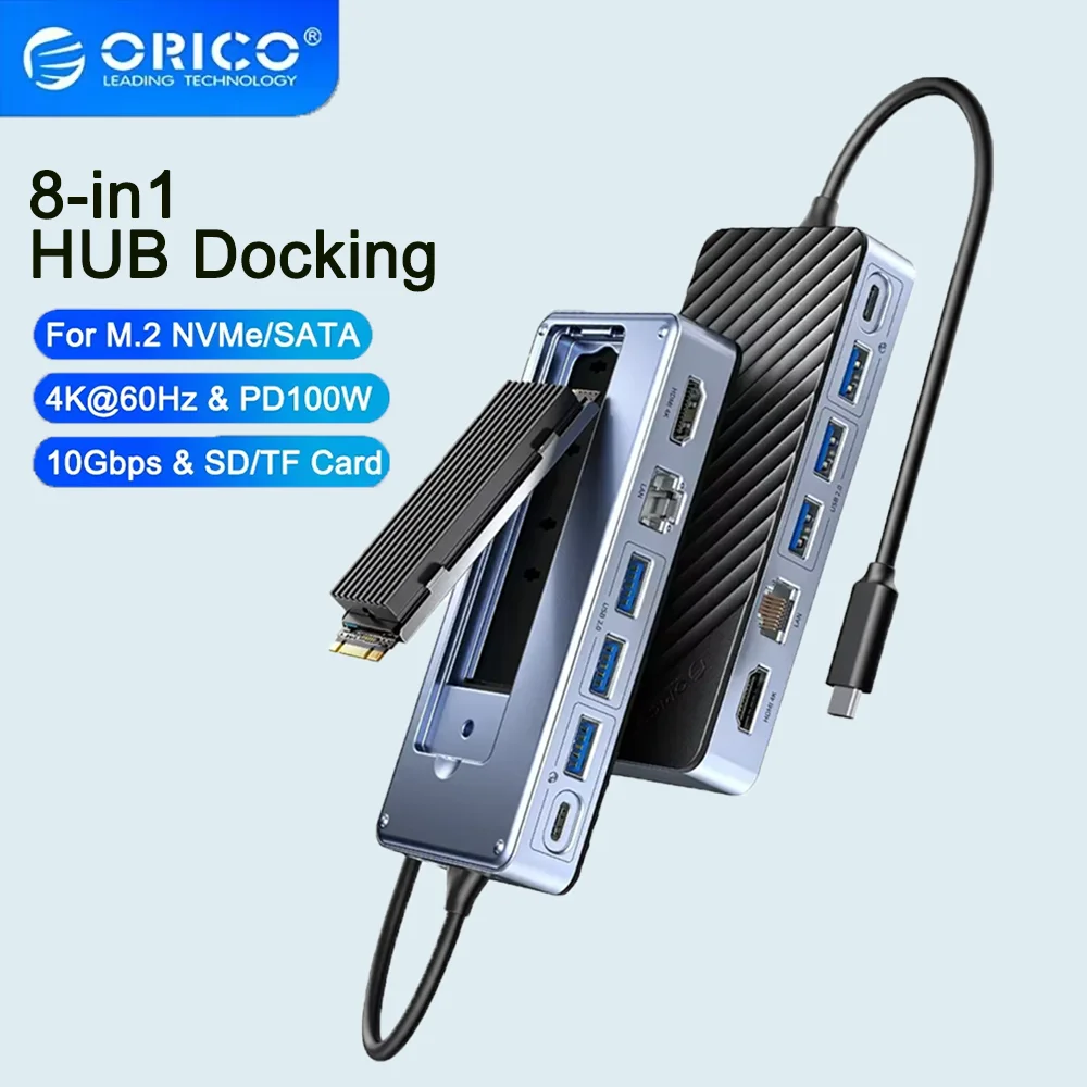 

ORICO M.2 NVME SATA SSD Корпус USB C Hub 10 Гбит/с Док-станция с устройством чтения карт памяти 4K HDMI 100 Вт PD RJ45 SD/TF для ноутбука
