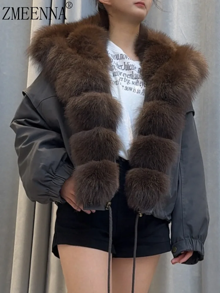 

Женская куртка ZMEENNA со съемным коричневым меховым капюшоном большого размера, роскошное теплое зимнее пальто с завязками на подоле ZM4380