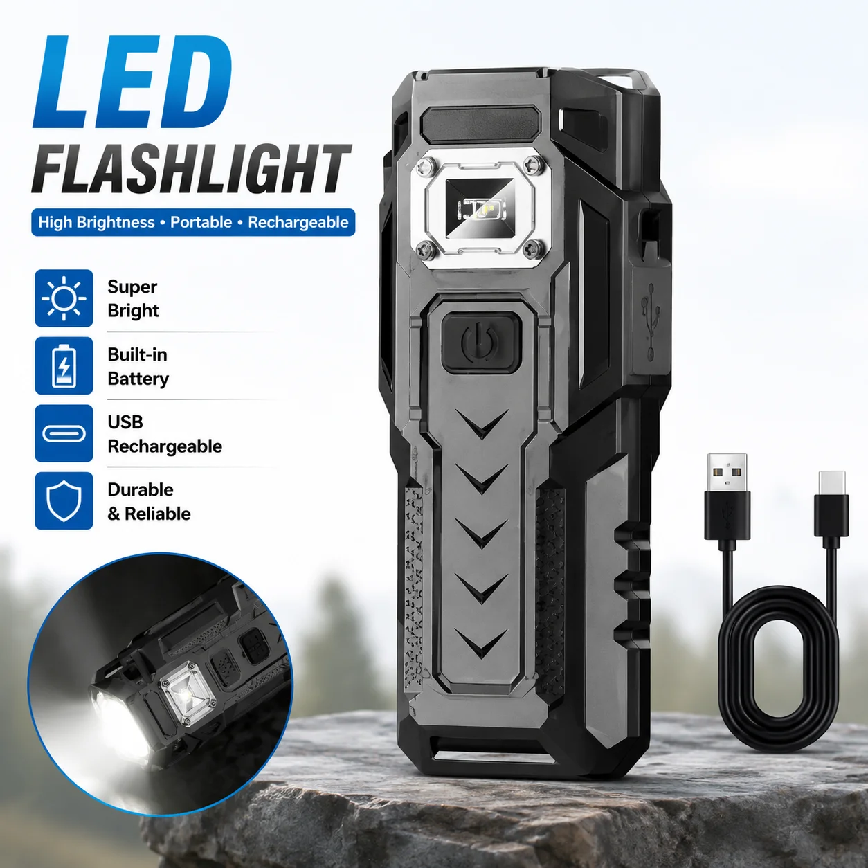 

New Super Bright LED Flashlight Rechargeable Torch Portable Work Light Outdoor Camping Light with High Brightness COB Side Light