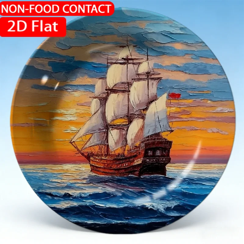 1pc Elegant Ceramic Decorative Plate-Impressionistic Sailboat White Blue Theme Design Non-Food Contact, Home Desk Ornaments,