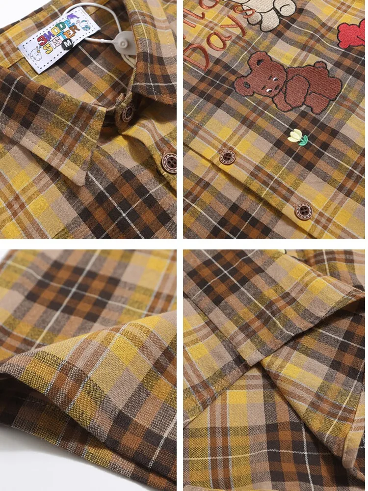 Vertical Teddy Bear Embroiderey Plaid Short Sleeve Shirts Mens Retro Streetwear Summer Lapel Loose Single Breasted Cotton Shirts