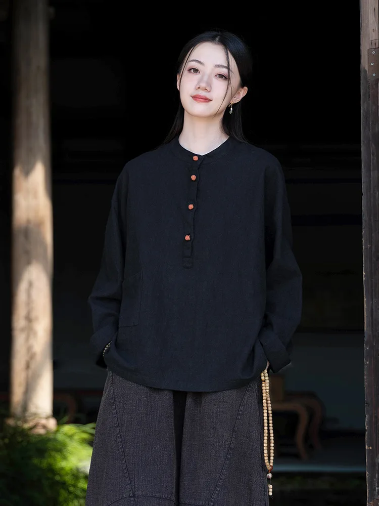 Camisa de algodón y lino para mujer, primavera y verano, cuello alto, colores, a juego, jersey con botones, camisetas de talla grande