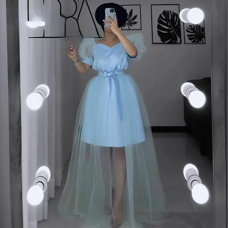 

BridalAffair Sky Blue Prom Dresses Short Sleeve Evening Party Dress Knee Length Saudi Arabia Formal Evening Gowns