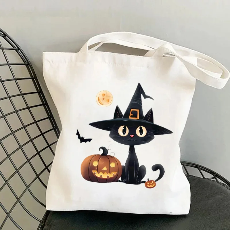 

Холщовая большая сумка с черным котом и тыквой, экологически чистая и многоразовая сумка для покупок, большая вместительная дорожная сумка на плечо, подарок на Хэллоуин