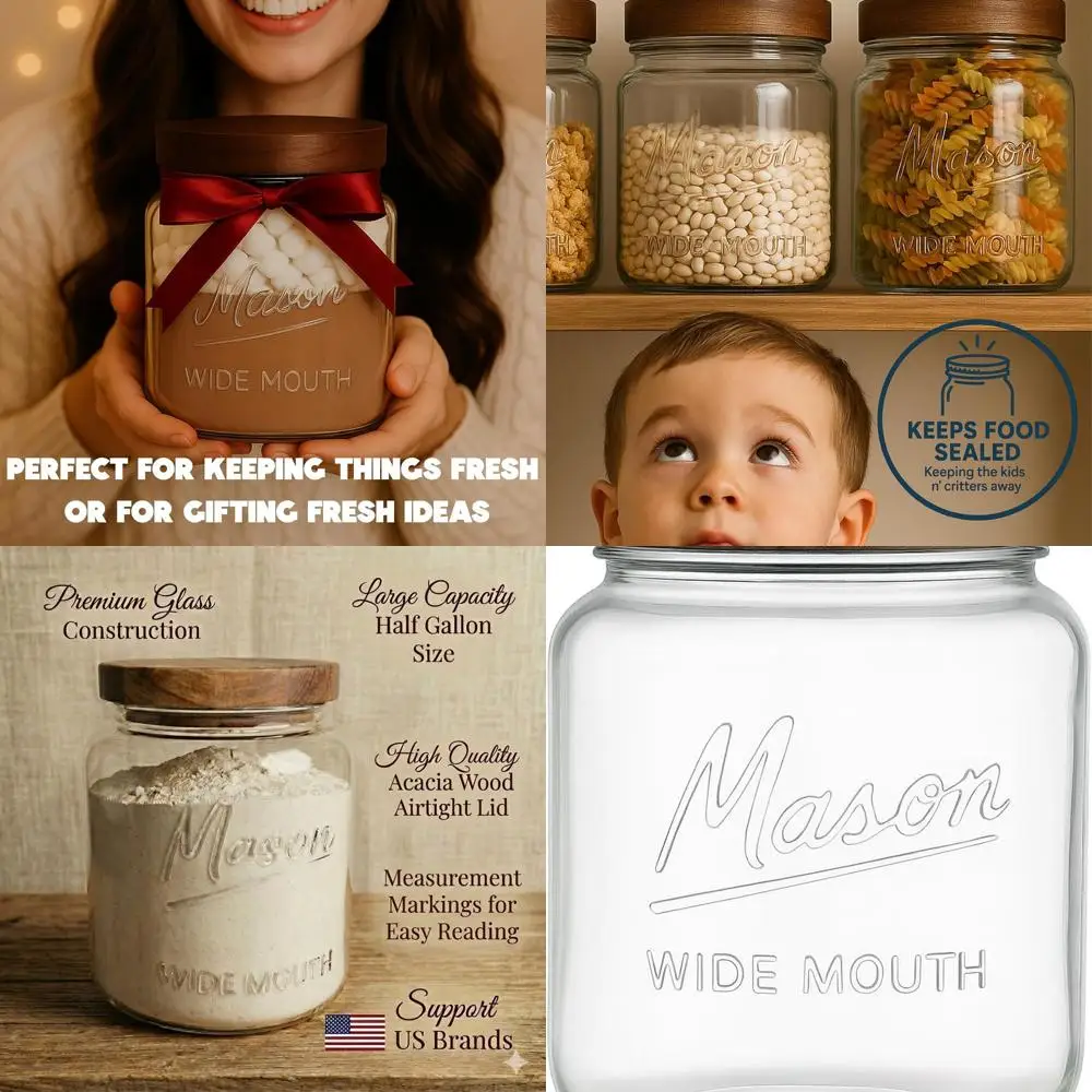 

64 oz Airtight Wooden Lid Glass Mason Jars - 4 Pack for Food Storage, Canning, and Dry Goods