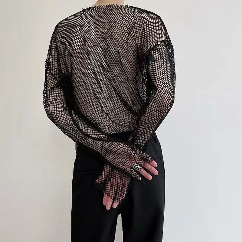 2023 Sexy Men\'s Long Sleeve Sheer Shirt Summer Casual Party Clothing Comfortable Mesh Breathable Bottoming Shirt Blouse