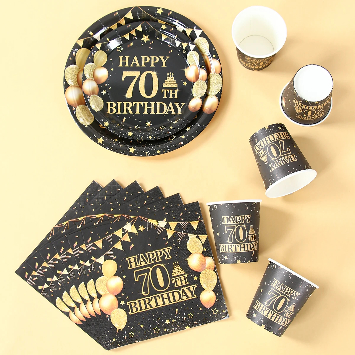70th حفلة عيد ميلاد أدوات المائدة أطباق ورقية المناديل أكواب الذهب الأسود عيد ميلاد الديكور الرجال النساء 70 سنة عيد ميلاد الديكور