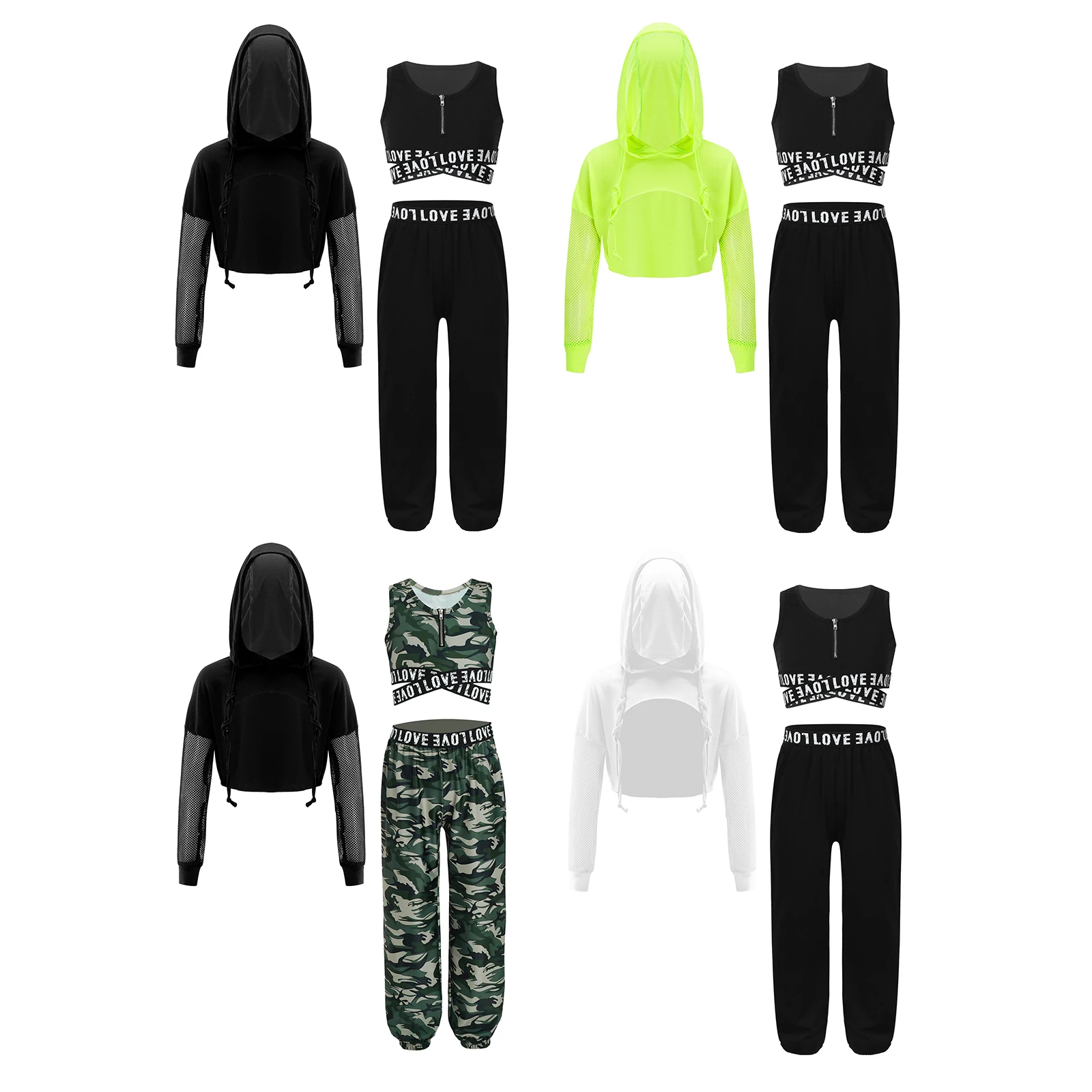 Kids Girls Hip Hop Street Dance Sports Suits Long Sleeve Drawstring Hooded Tops with Crop Top Pants Workout Training Tracksuit