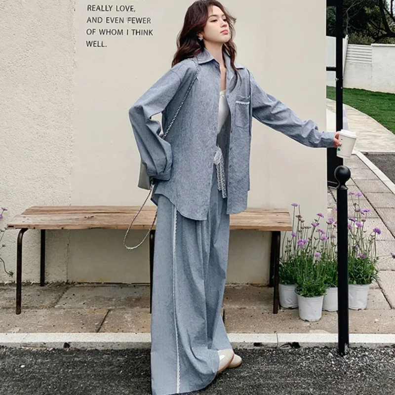 EAEOVNI Lace Patchwork Design 2 Piece Set Women Fashion Long Sleeve Shirt + Wide Leg Trousers Casual 2025 Autumn New Clothing