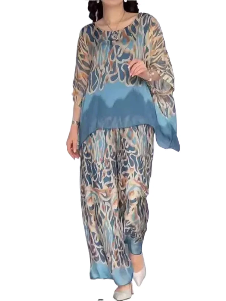 Conjunto de calças femininas em torno do pescoço solto vintage impresso superior cintura alta perna larga calças longas casuais conjuntos de duas peças roupas de deslocamento