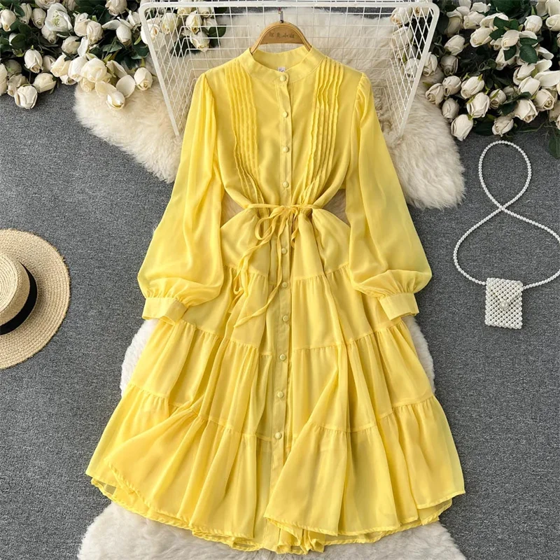 

Spring Autumn Women Purple/Yellow/Blue Draped Chiffon Midi Dress Elegant Stand Collar Single Breasted Lantern Sleeve Vestido New