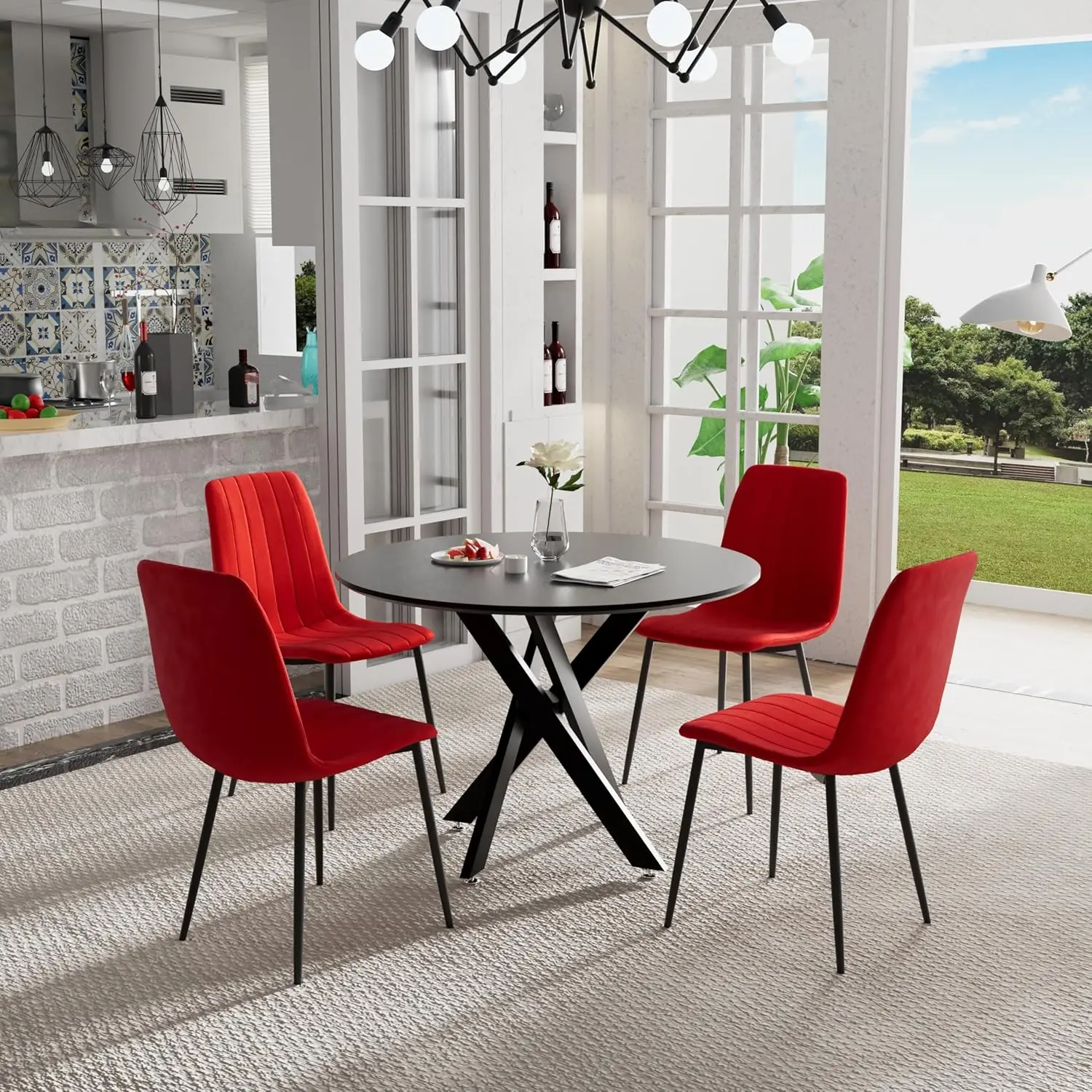 5 Piece Circle Dining Table Set For 4, 42 Inch Black Dining Table & Red Velvet Upholstered Chairs With Sturdy Black Metal Legs,