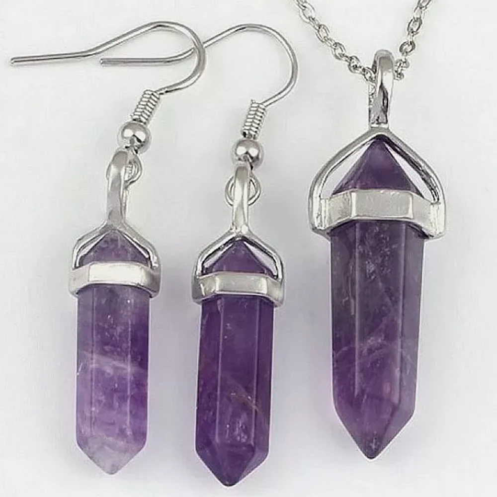 Gemstone crystal hexagonal point necklace pendant earrings set