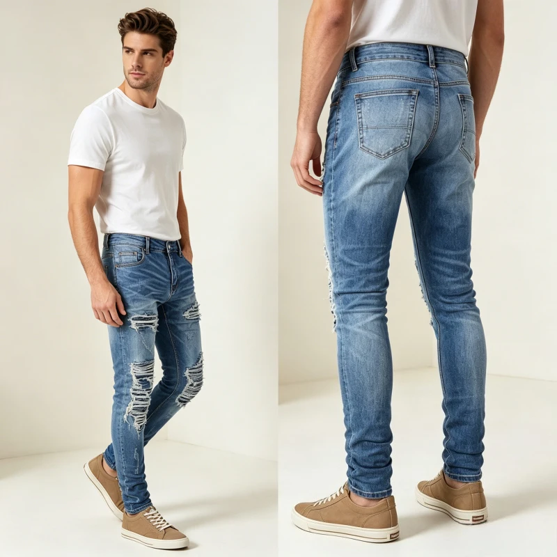 

Jeans Men Washed Hole Denim Pencil Pants Mid Waist Vintage Stretch Ankle Length Trousers Distressed Denims Autumn Streetwear