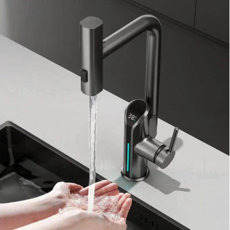 

Temperature Display Pull-Out Waterfall Kitchen Faucet 3 Modes Stream Sprayer Hot Cold Water Mixer Sink Basin For Bath Sink