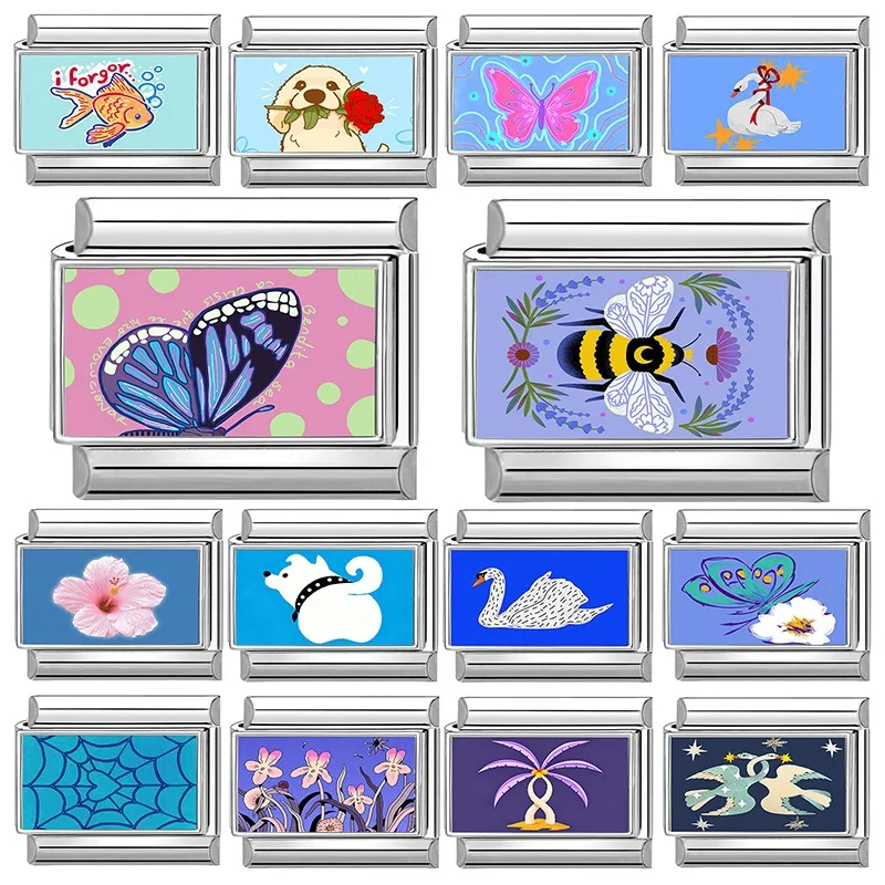 New Y2K Colorful Flowers Butterfly Bees Rose Dogs Swan Italian Charm Links Fit 9MM Stainless Steel Bracelet DIY Making Jewelry