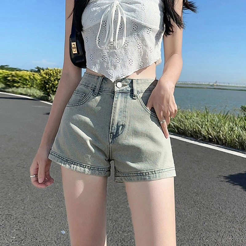 Spice Girls yellow mud color denim shorts women do old high waist a-line zipper pockets package hip elastic wide leg hot pants