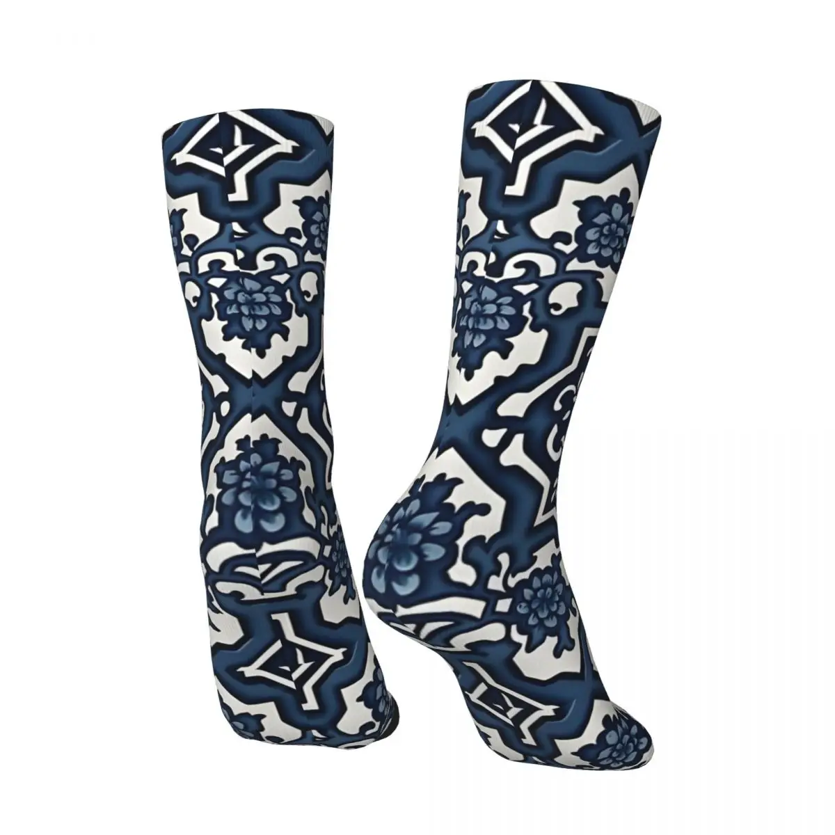 Calcetines de compresión con estampado Harajuku para hombre y mujer, calcetín Unisex con diseño Retro de China, color azul y blanco