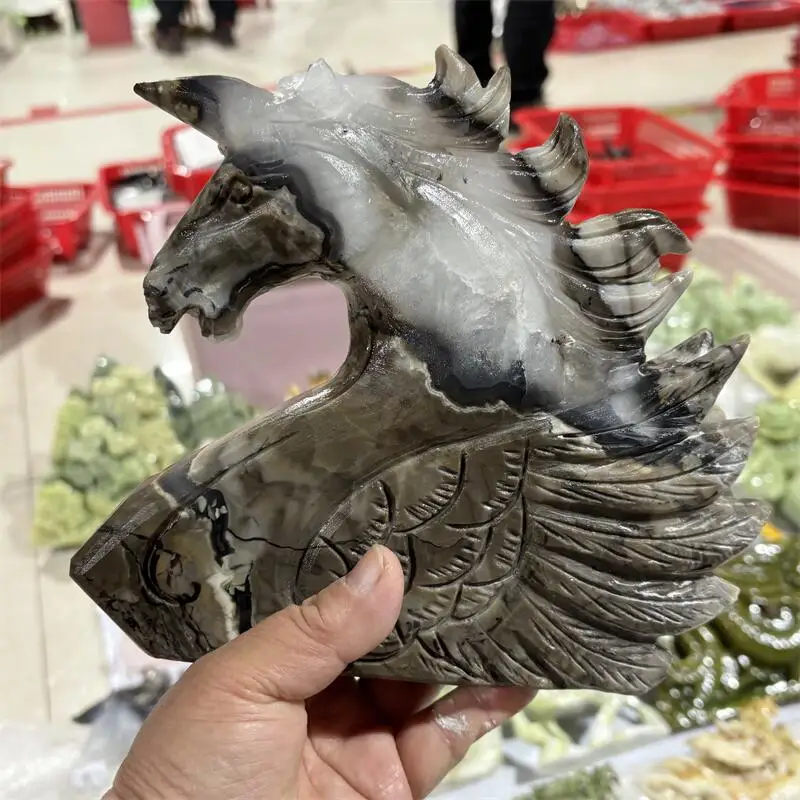 Natural Volcanic Agate Unicorn Carving Witchcraft Ornaments Home Decoration Accessories Room Decor Gift 1PCS