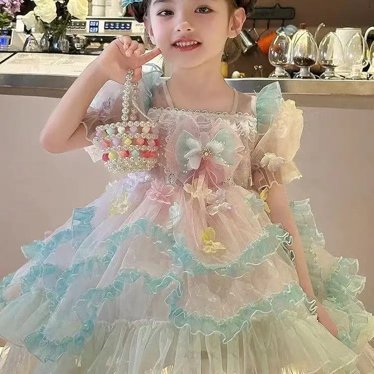 New Summer Children's Trendy Fluffy Tulle Puff Sleeves Lolita Girl Dress Ruffle Design Elegant Kids Girl Festival Party Dresses
