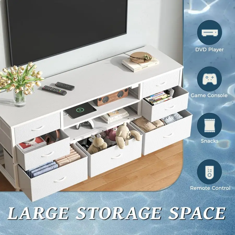 Dresser for Bedroom With Power Outlets and LED Lights, 7 Drawers TV Stand for 55 Inch TV, 47 Inches TV Console With Open Shelf,