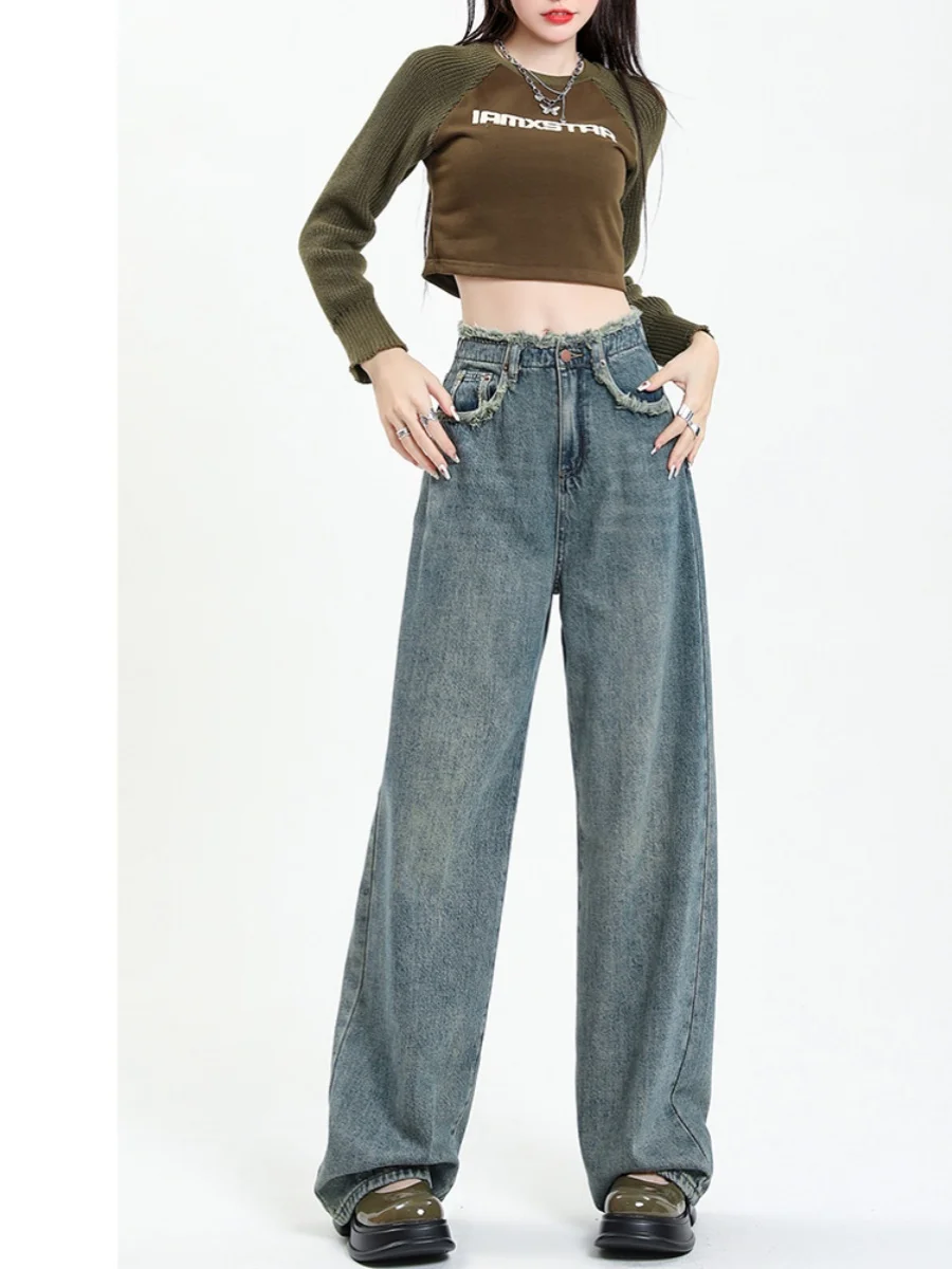 2025 Vintage Distressed-Jeans mit weitem Bein für Damen, Frühling und Sommer, neue lockere Passform, schlankmachende, drapierte Hose mit geradem Bein Wh6