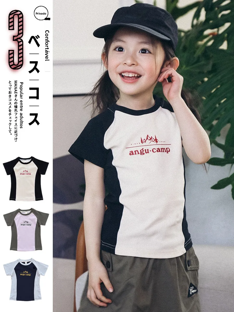 女の子用スリムフィット半袖tシャツ-綿00-ハーフスリーブ-パッチワークカラー-子供用-夏の新作スタイル-通気性抜群-快適