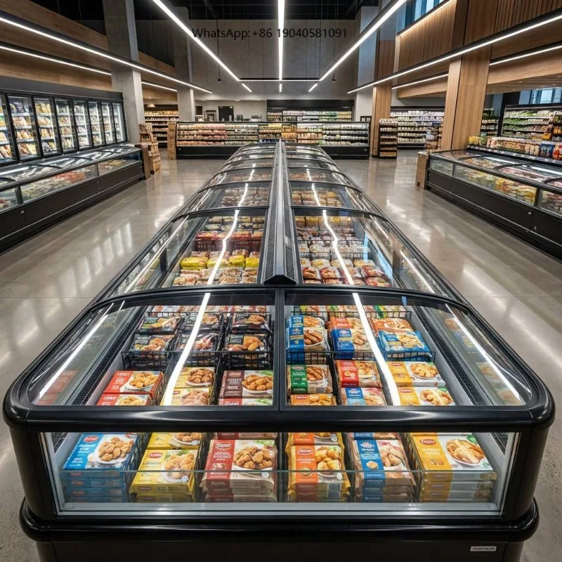 Energy Saving Commercial Horizontal Deep Island Freezer Tempered Glass Door for Frozen Meat Fish