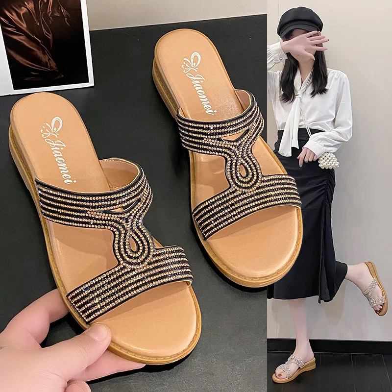 

Shoes Woman 2025 On A Wedge Low Glitter Slides Slippers Summer Pantofle Fashion Big Size Jelly New Luxury Crystal Rome PU Fabric