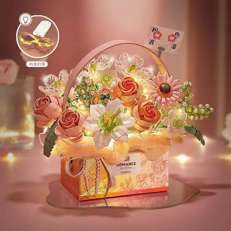 Creative Pink Rose Basket Bouquet Building Blocks for Girls Assembled Preserved Fresh Flower Teacher's Day Gift