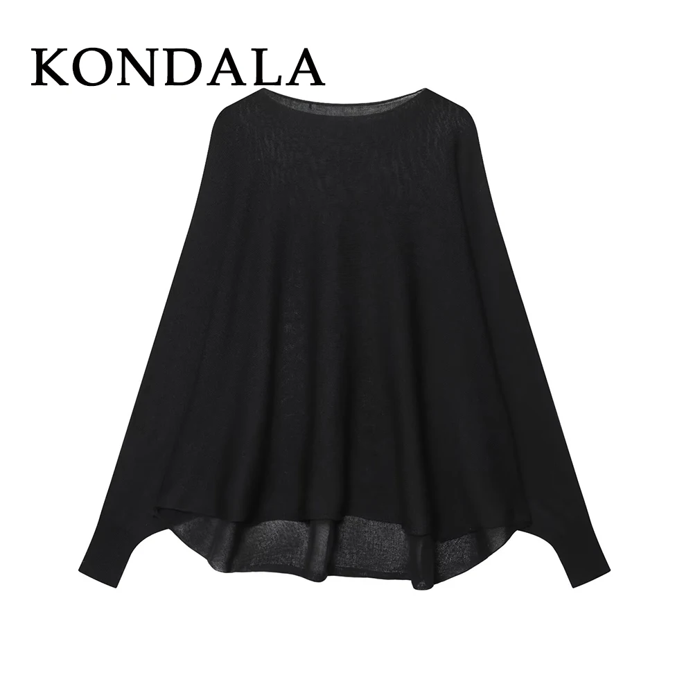 KONDALA Chic 2025 Autumn Knit Elegant Vintage O-Neck Black Loose Women Sweater Sexy Long Sleeve Pullover Fashion Female Knitwear