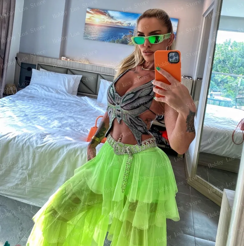 HOBBY See Through Bright Green Tulle Skirt Straight A-line Floor Length Women Clothes Ever Pretty Plus Size Custom Made Gown