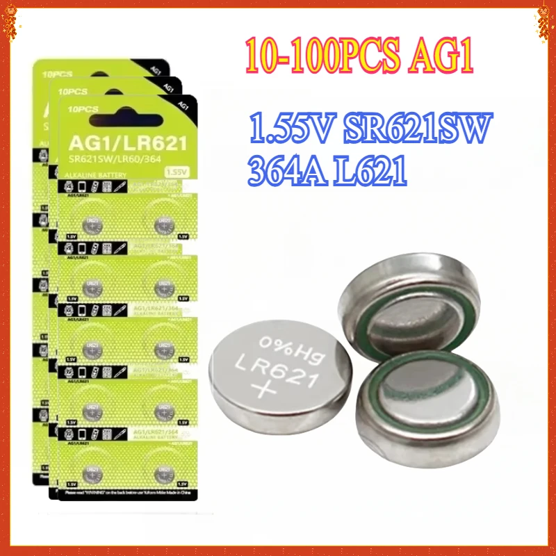 

10-100PCS AG1 Coin Battery LR621 364 Button Cell Coin Alkaline Battery 1.55V SR621SW 364A L621 for Watches Toys No Mercury