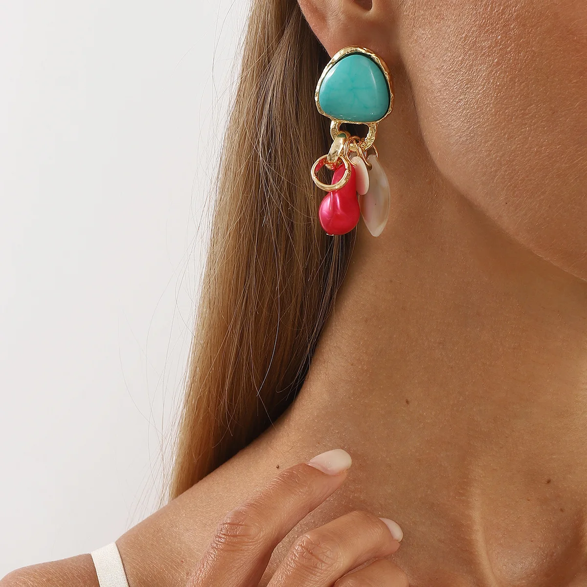 Bold Turquoise Triangular Drop Earrings Vibrant Color Block Charm Dangling Chunky Gold Frame Bohemian Beach Jewelry Gift