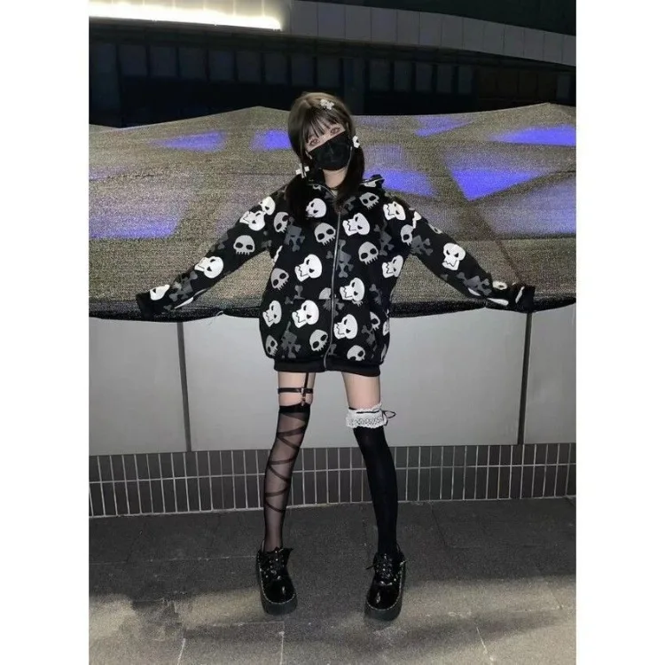 Street Y2k Punk Skull Print Coat Women 2025 New Zipper Hoodie Sweatshirts Spring Autumn Long Sleeve Loose Tops Mujer