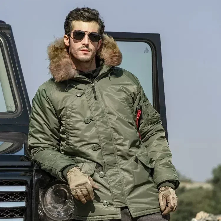 Novo inverno n3b puffer jaqueta masculina longo canadá casaco de pele militar capuz quente trincheira camuflagem tático bombardeiro exército coreano