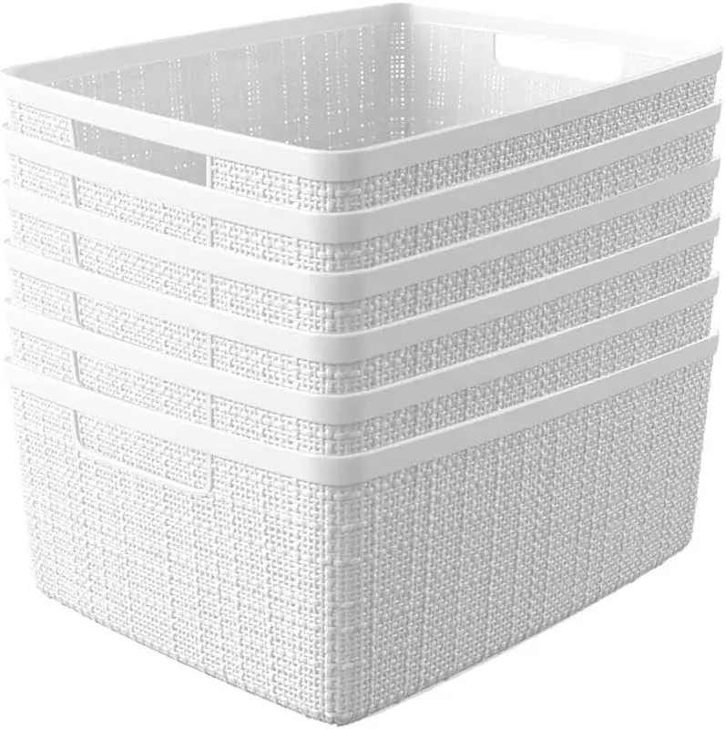 

Set of 6 Medium 12L Jute Decorative Plastic Organization and Storage Baskets - Perfect Bins for Home Office, Closet Shelves,