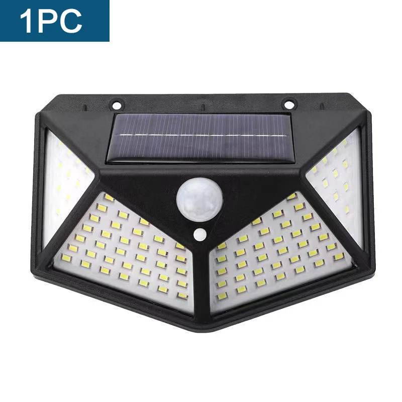 Lámpara solar de pared con detección humana, iluminación impermeable para exteriores, farola luminosa de cuatro lados, 100led