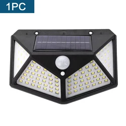 Lámpara solar de pared con detección humana, iluminación impermeable para exteriores, farola luminosa de cuatro lados, 100led